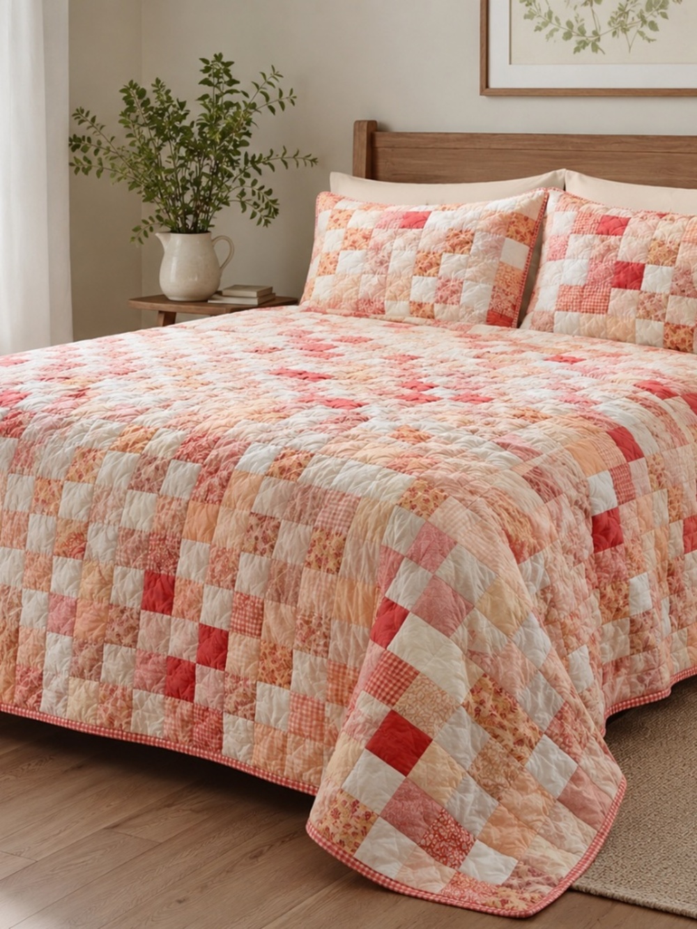 Handmade Vintage Patchwork Quilt Cottagecore Pink Peach Oversized Bedding